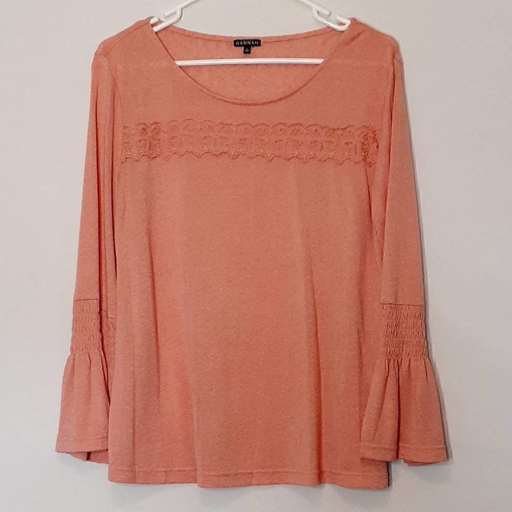 Hannah Rayon Blend Knit Top w Lace & Ruffle Sleeves; Peach; Size Large